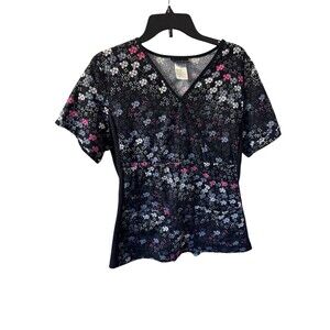 Women's Cherokee Medical Scrub Top Pink Black Gray Geometric  Vneck Size Large